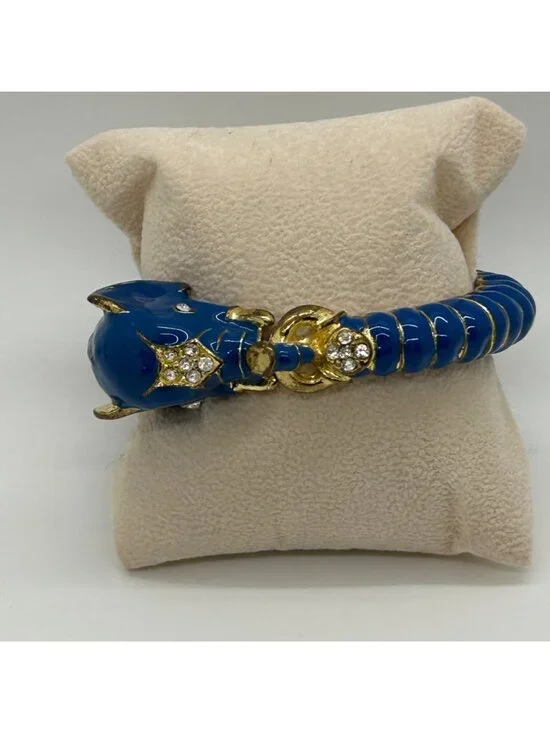 Vintage Enamel Gold-Tone Hinged Teal Blue Elephant Clamper Bangle Bracelet Rhine - Picture 2 of 11